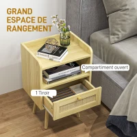 HOMCOM Lot de 2 tables de chevet avec tiroir effet rotin et compartiment ouvert, 40 x 30 x 60 cm, effet bois naturel(m-4)