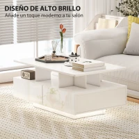 HOMCOM Mesa de Centro LED Moderna con 4 Cajones Estante Abierto y Luces LED de 16 Colores para Salón 90x55x41 cm Blanco Brillo(m-6)