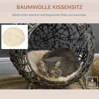 PawHut Katzenhaus aus Rattan mit Kissen Katzenschlafplatz Katzenhöhle mit erhöhten Füßen Silbergrau Ø52 x 58 cm(m-5)