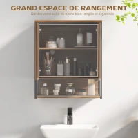 HOMCOM Armoire murale salle de bain avec miroir meuble salle de bain avec compartiment ouvert porte à fermeture amortie marron(m-6)