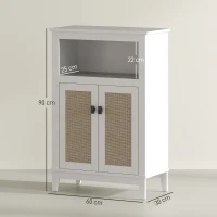 HOMCOM Mueble Auxiliar de Baño con 2 Puertas con Frontal de Ratán Estante Ajustable y Compartimento Abierto 60x30x90 cm Blanco(m-3)