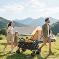 Outsunny Outdoor Folding Garden Trolley on Wheels, Capming Cargo Wagon Cart Trailer w/ Handle, Wheels for Beach Garden, Black(m-2)