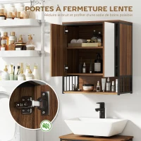 HOMCOM Armoire murale salle de bain avec miroir meuble salle de bain avec compartiment ouvert porte à fermeture amortie marron(m-4)