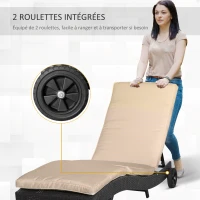 Outsunny Bain de soleil transat grand confort - dossier inclinable 5 positions roulettes - matelas déhoussable inclus - résine tressée noire et beige(m-4)