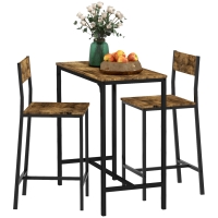 HOMCOM Set Bar da 3 Pezzi, Tavolo da Bar, 2 Sedie, MDF, Telaio in Metallo, Resistente all'Acqua, Marrone