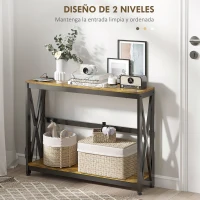 HOMCOM Mesa de Entrada de 2 Niveles con Estación de Carga 2 USB y Marco de Acero Mueble de Recibidor 100x24x75cm Marrón Rústico(m-4)