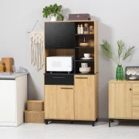 HOMCOM Armoire de cuisine multi-rangements avec tiroir 3 placards 4 niches et passe-câbles hauteur 180 cm noir et bois naturel(m-9)