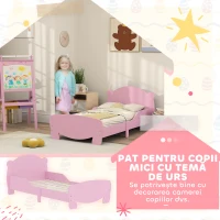 AIYAPLAY Pătuț pentru Copii cu Tăblie și Capăt în Formă de Ursuleț și 2 Bare Laterale, Roz(m-6)