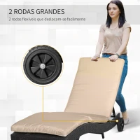 Outsunny Espreguiçadeira de Vime Reclinável Espreguiçadeira de Jardim com 2 Rodas Encosto Ajustável em 5 Posições 207x70x70 cm Preto(m-4)