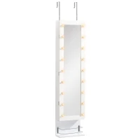 HOMCOM Espejo Joyero Colgante de Pared o Puerta Armario de Joyería con 18 Luces LED Altura Ajustable y Estante Abierto Organizador de Joyas 31,7x13,4x130 cm Blanco(m-11)