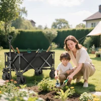 Outsunny Outdoor Folding Garden Trolley on Wheels, Capming Cargo Wagon Cart Trailer w/ Handle, Wheels for Beach Garden, Black(m-10)