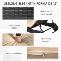 Outsunny Sezlong de Gradina din Ratan PE, Pat Sezlong cu Spatar Reglabil si Perna Captusita, 207x70x70cm, Negru(m-6)