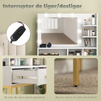 HOMCOM Toucador de Maquilhagem com Luz e Banco Mesa de Maquilhagem com 2 Gavetas e Prateleiras Estilo Moderno para Quarto Branco(m-7)