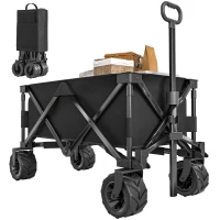 Outsunny Outdoor Folding Garden Trolley on Wheels, Capming Cargo Wagon Cart Trailer w/ Handle, Wheels for Beach Garden, Black(m-11)