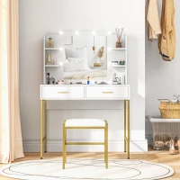 HOMCOM Dressing Table with Lighted Mirror, Cushioned Stool, Drawers, Shelves, LED Makeup Vanity Desk Set, Modern Dresser Vanity Table for Bedroom, White(m-10)