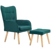 HOMCOM Poltrona con Poggiapiedi, Schienale Alto Trapuntato, Gambe in Legno e Rivestimento in Lino, Verde Scuro(m-1)