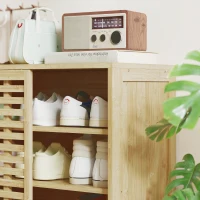 HOMCOM Armario de Baño de Bambú con 2 Puertas Correderas Diseño de Lamas 4 Estantes Mueble Auxiliar de Baño 80x34x80 cm Natural(m-9)