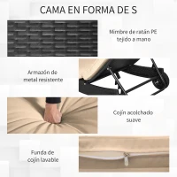 Outsunny Tumbona de Jardín en Forma de S con 2 Ruedas Respaldo Ajustable en 5 Posiciones y Cojín Extraíble 207x70x70 cm Negro(m-6)