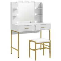 HOMCOM Dressing Table with Lighted Mirror, Cushioned Stool, Drawers, Shelves, LED Makeup Vanity Desk Set, Modern Dresser Vanity Table for Bedroom, White(m-1)