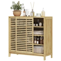 HOMCOM Armadio da Bagno in Bambù con 2 Porte Scorrevoli, Design a Listelli, 4 Ripiani, Mobiletto Portaoggetti, 80x34x80 cm, Naturale(m-5)
