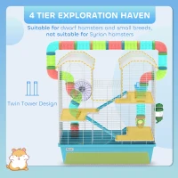 PawHut 4 Tier Hamster Cage w/ Tubes, Exercise Wheel, Hut, Water Bottle, Food Dish, Ramps, for Dwarf Hamster, Light Blue(m-4)