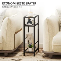 HOMCOM Măsuță de Cafea cu 3 Rafturi din Sticlă și Oțel 40x18x62 cm Negru(m-5)