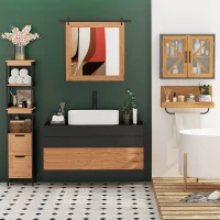 kleankin Armario Alto para Baño con 3 Estantes y 2 Cajones Estilo Moderno 30x30x144,3 cm Negro y Natural(m-7)