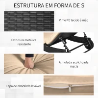 Outsunny Espreguiçadeira de Vime Reclinável Espreguiçadeira de Jardim com 2 Rodas Encosto Ajustável em 5 Posições 207x70x70 cm Preto(m-6)