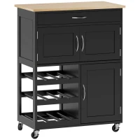 HOMCOM Cărucior de Bucătărie cu Suport pentru Sticle, 3 Uși, 4 Roți și Sertar, Dulapior de Bucătărie, 67x37x87 cm, Negru(m-11)