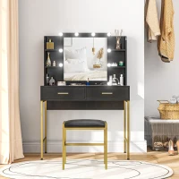 HOMCOM Dressing Table Set, with Storage and Stool - Black(m-10)