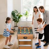 HOMCOM Futbolín Plegable para Niños y Adultos Futbolín de Madera 69x37x70 cm con 2 Bolas 6 Asas 2 Marcadores de Puntos 18 Jugadores para Familias Fiestas Juegos Natural(m-2)