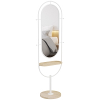 HOMCOM Espejo de Cuerpo Entero 175,5x50 cm con Bandeja de Madera 4 Ganchos y Marco de Metal para Salón Dormitorio Blanco