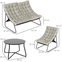 Outsunny 4 Seater Garden Furniture Set, Conversation Set with Loveseat Sofa, Chairs, Glass Coffee Table, Thick Cushions, Steel Outdoor Sofa for Balcony, Poolside, Conservatory, Light Grey(m-3)