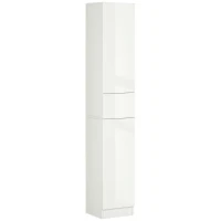 kleankin Meuble colonne rangement salle de bain style contemporain 2 placards 3 étagères et 1 tiroir coulissant panneaux particules brillant dim. 30l x 28P x 170H cm blanc laqué(m-1)