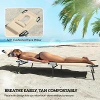 Outsunny Outdoor Folding Sun Lounger Set of 2 with Face Hole, 4 Level Adjustable Backrest Reclining Garden Lounger, Garden Recliner Sunbed with 600 D Oxford Cloth Seat and Pillow for Beach, Sand(m-7)