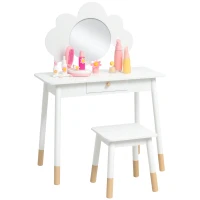 AIYAPLAY Kids Dressing Table with Mirror, Stool, Drawer, Cloud Design, White(m-10)