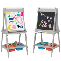 AIYAPLAY Pizarra Infantil con Caballete Pizarra de Doble Cara con Rollo de Papel Borrador Cajas de Almacenamiento Gris(m-10)