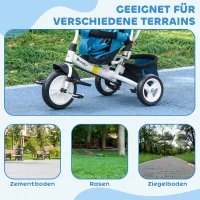 HOMCOM Kinder-Dreirad, Kinderfahrrad, Rückenkorb, Becherhalter, Sonnendach, Metall, Blau(m-6)