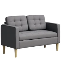HOMCOM Modern 2 Seater Sofa with Hidden Storage, 117cm Tufted Cotton Couch with Wood Legs, Compact Loveseat for Living Room, Kitchen, Grey(m-10)
