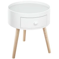 HOMCOM Modern Side Table, Small Coffee Table, Round Bedside Table with Drawer and Wood Legs for Living Room, Bedroom, White(m-10)