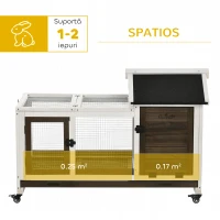 PawHut Cușcă pentru Iepuri din Lemn cu Roți, Acoperiș Rabatabil, Uși și Tavă Detașabilă, 108x58x73.5 cm, Maro(m-4)