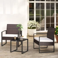 Outsunny Conjunto de Móveis de Jardim de Vime 3 Peças com 1 Mesa 42,5x40x39 cm 2 Poltronas 63x57x76 cm Almofada Acolchoada para Pátio Varanda Marrom(m-8)