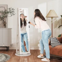 HOMCOM Specchio Portagioie 3 in 1 Girevole a 360°, Ripiani Posteriori e Anta con Chiave, 55x55x161 cm, Bianco(m-2)