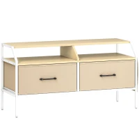 HOMCOM TV Stand Cabinet, TV Unit for 55-inch TVs with 2 Foldable Fabric Drawers, 5 Divided Side Pockets, Open Shelves, Console Table for Living Room, Bedroom, Entertainment Room, Natural Wood Finish(m-1)