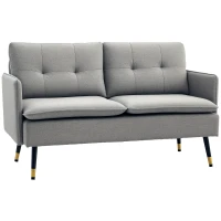 HOMCOM 2er-Sofa im Retrodesign, mit Knopfheftung, Sofa, Leinenoptik, Hellgrau + Schwarz + Gold(m-1)