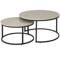 HOMCOM Set 2 Tavolini da Caffè Sovrapponibili Rotondi in Metallo e MDF Effetto Marmo, Grigio e Nero(m-1)
