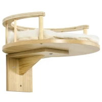 PawHut Wandliege, Katzenbett, mit Schutzrand, Liegekissen, für Wandmontage, Eiche+cremeweiß, 34 x 34 x 10,5 cm(m-10)