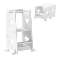 AIYAPLAY Torre de Aprendizaje 2 en 1 Convertible en Mesa y Silla con Barra de Seguridad 60x44,5x86 cm Blanco(m-10)