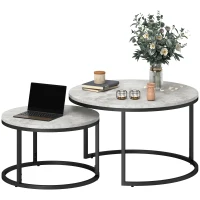 HOMCOM Couchtisch-Set, 2 runde Satztische, Industriedesign, Metallgestell, Betonoptik/Schwarz(m-10)