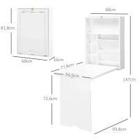 HOMCOM Klappbarer Wandtisch, wandmontierter Klappschreibtisch mit Regalen für Wohnzimmer, Esszimmer, Home Office, 93,8 x 60 x 147 cm, weiß(m-3)